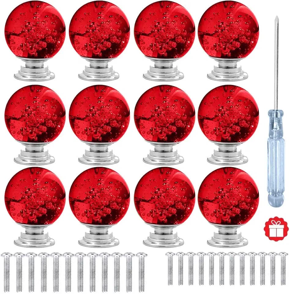 12 Pcs 30mm Round Shape Bubble Crystal Glass Cabinet Knobs with Screws Drawer Knob Pull Handle Used for Kitchen, Dresser, Door, Cupboard (Dark Red)