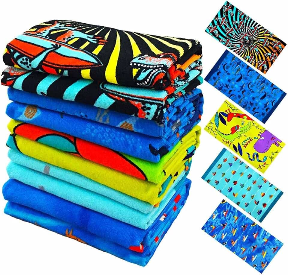 Kids Beach Towels Microfiber Blanket Throw Super Soft Absorbent 5-Piece Set 27.5"x55" Gift for Bath Camping Swimming Sports Picnic Travel Holiday, Dinosaur Shark Crocodile Vessel Puppy.