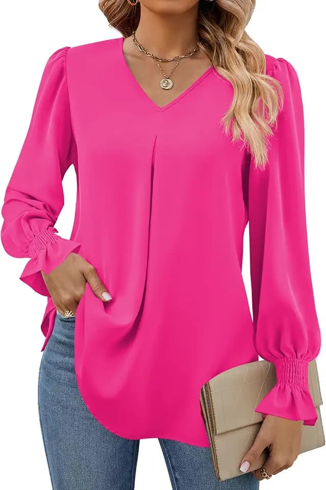 Funlingo Women's 2026 Long Sleeve Tops Dressy Casual V Neck Tunic Shirts Loose Chiffon Work Blouse