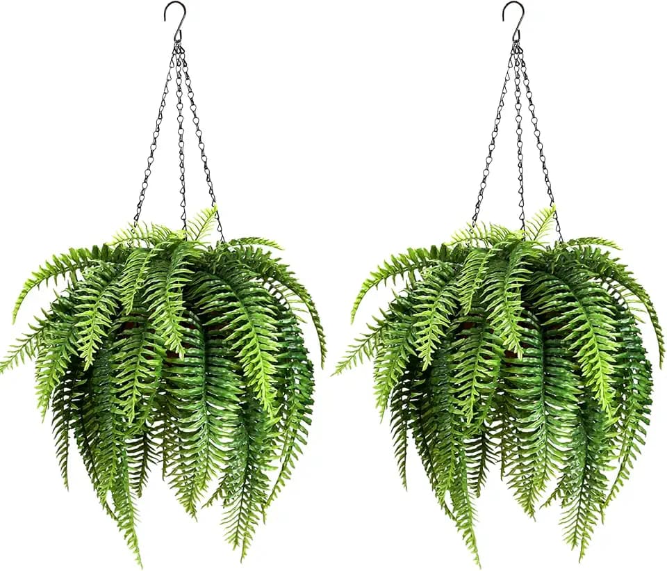 2Pcs Fake Hanging Ferns, Artificial Ferns Hanging Baskets, Fake Hanging Plants UV Resistant Outdoor Faux Plants for Front Porch Patio Garden Décor, No Assembly Required