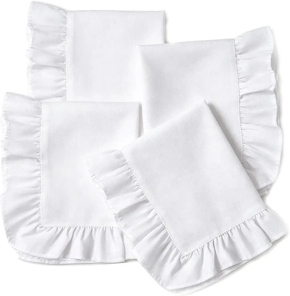 Linen Cotton Ruffle Dinner Napkins 18 x 18 Inch - Cloth Napkins Set of 4 for Spring, Holiday - Handcrafted and Washable Fabric (White)