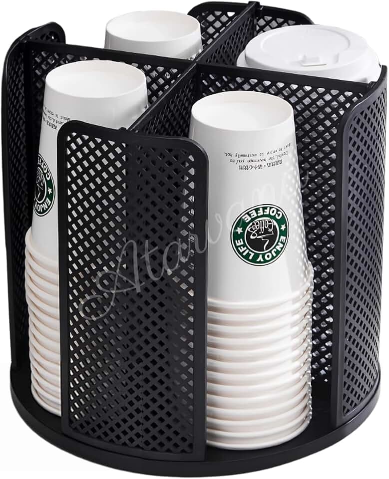Rotatable Coffee Cup Dispenser with 4 Compartments, Atavarna Cups and Lids Holder for 5-16oz Cups Organizer for Restaurant, Coffee Station, Bar, Office, Home-9.25" x 9.25" x 8.66"