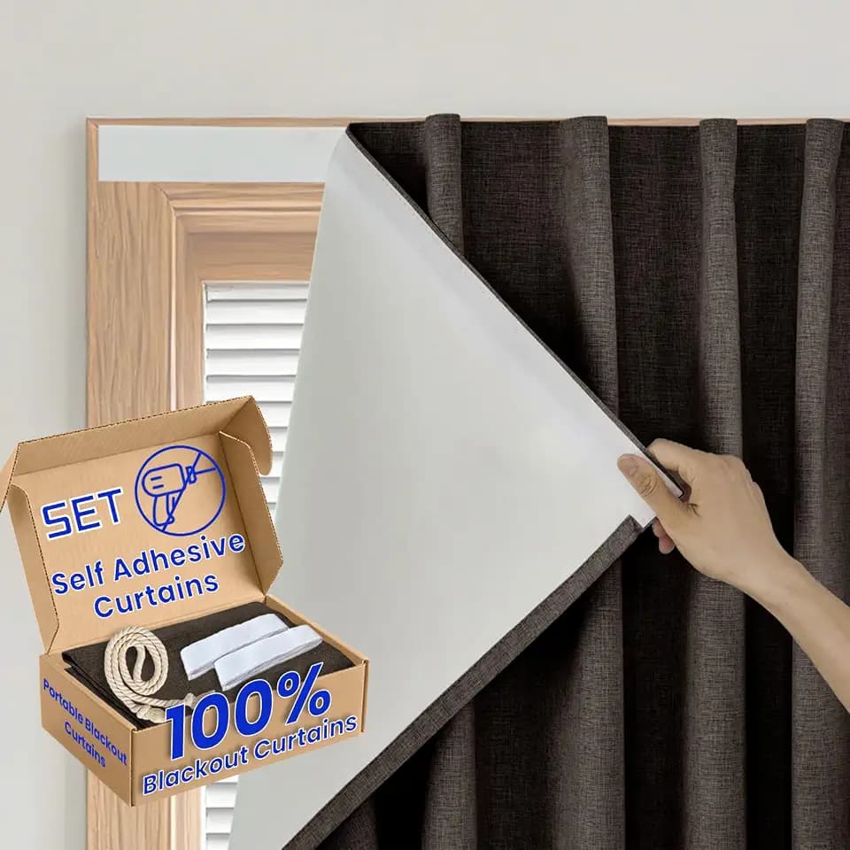 100% Blackout Magic Tape Stick On Curtains Window Shades Pull Down Blackout Window Cover No Drillng Self Adhesive Curtains No Rod Small Windows, W34 x L59 inch, 1 Panel, Dark Brown