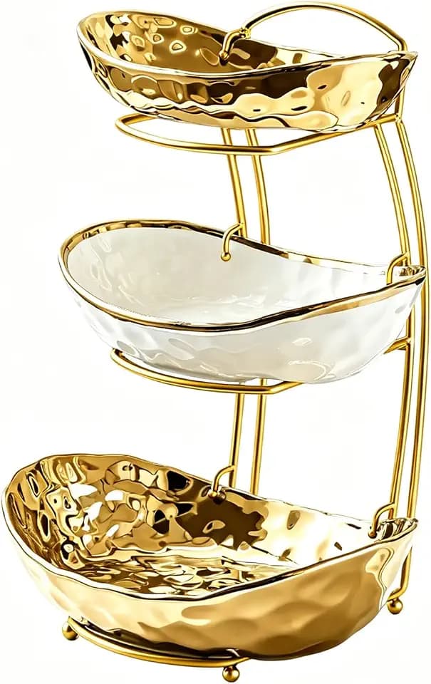 YYW Ceramic Fruit Bowl for Kitchen Counter - 3 Tier Ceramic Fruit Rack with Metal Fruit Stand, Fruit Basket for Snacks, Nuts, Cakes, Desserts, Bread, Candy Storage (Gold, Gold -rimmed)