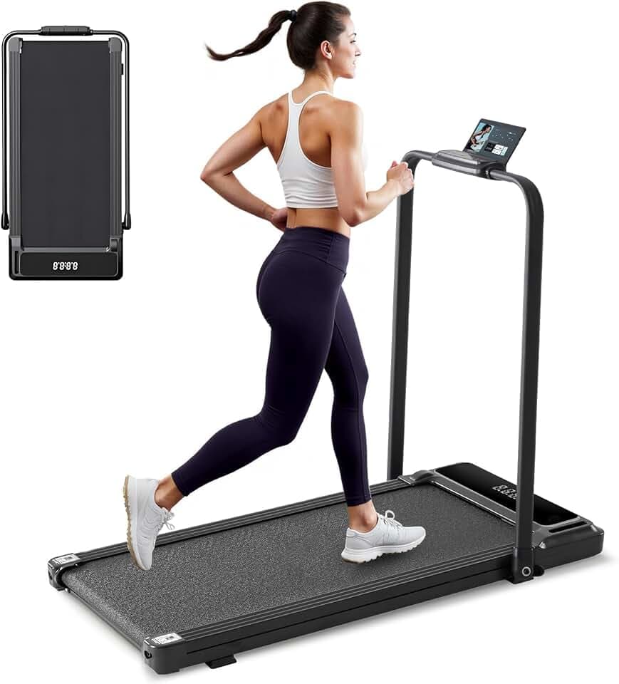 Walking Pad Under Desk Treadmill with Foldable Handle Bar, Portable Compact Electric Walking Treadmills with Remote Control for Home Office, Quiet Fitness Machine, Inky Black