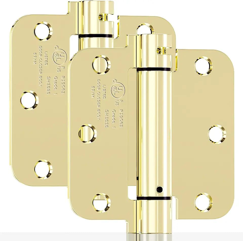 2 Pack Self Closing Door Hinges, 3.5 Inch Spring Loaded Door Hinges for Garage, Front, Back Door, Left/Right Hand, Adjustable Tension, 5/8'' Radius Corners, UL Listed, Gloden