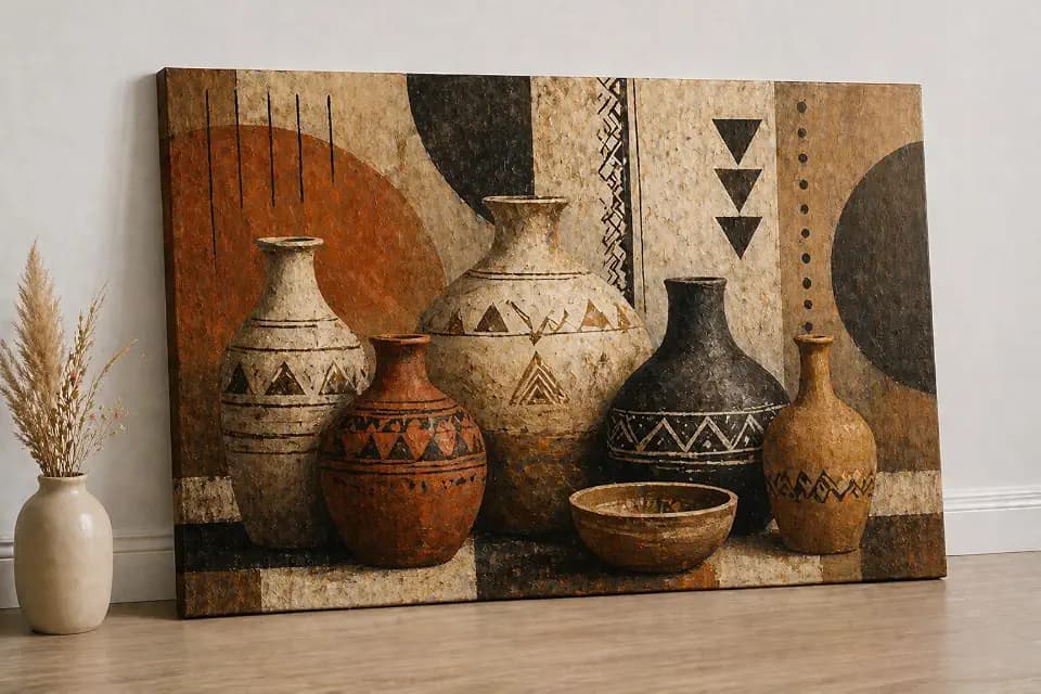ICE ARMOR Large Rustic Tribal Vase Still Life Canvas Wall Art, Boho Geometric Pottery Painting, Earth Tone Decor for Living Room Bedroom Office 24x36 Inch Frameless Canvas Print - Ready to hang