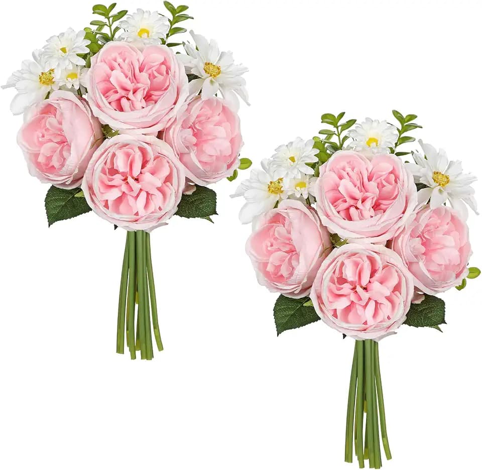GnFlus Artificial Peony Flower Stems 2 Pack (22PCS) Faux Pink Peonies & Daisies Silk Flowers 14.5" Realistic Fake Flowers for Vase Centerpiece Wedding DIY Bridal Bouquet Home Decor