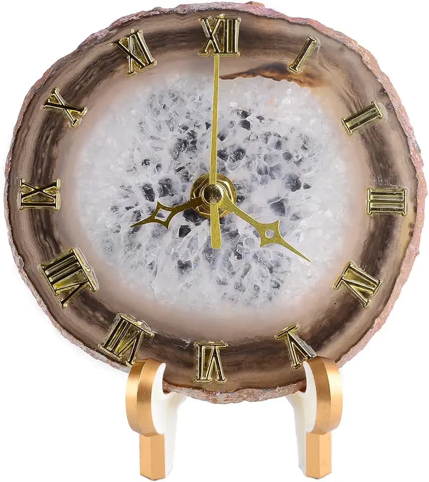 JIC Gem Natural Agate Slice Clock Natural Black/Gray with Base,Agate Clock,Decorative Clock