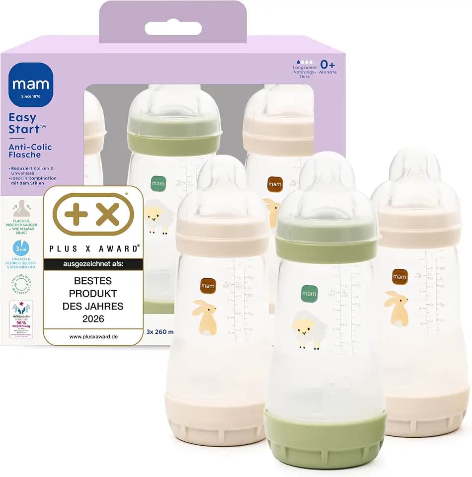 MAM Easy Start Anti-Colic Babyflasche 3x 260 ml, 0+ Monate, Gr. 1, Hase