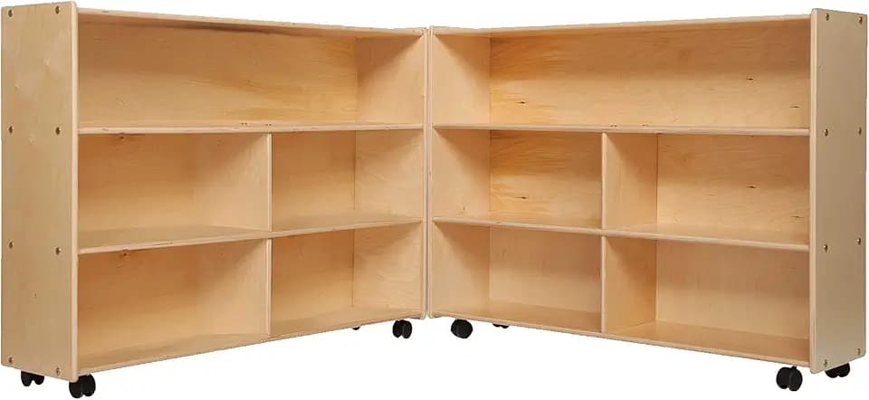 Contender Extra Large Folding Mobile Storage Organizer for Daycare Classroom Preschool, Wood Furniture on Rolling Casters with 4 Shelves for Toys, Puzzles, Books