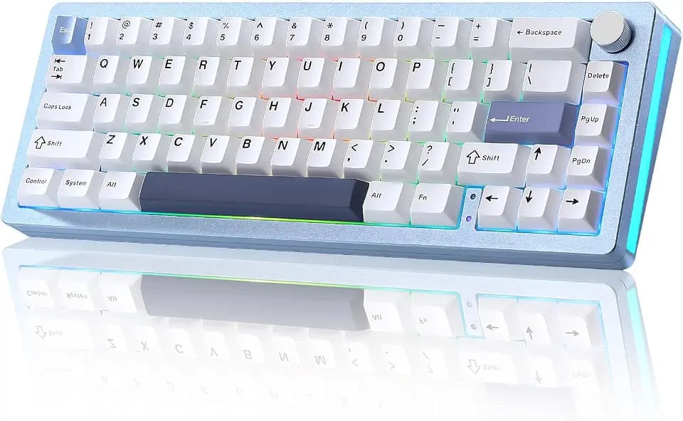 YUNZII AL66 Kabellose Mechanische Tastatur, 65% Drehregler Aluminium Gaming Tastatur Bluetooth/2.4G/Wired Hot Swappable Switches, Dichtung Montiert RGB Keyboard für Win/Mac(Milchschalter, Blau)