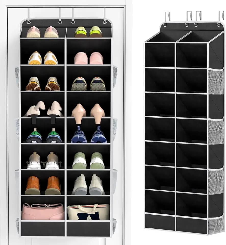 Yecaye 16-24 Pairs Over the Door Shoe Organizer, Large Capacity Hanging Shoe Rack for Door Hanger with Deep Pockets, 8 Tier Shoe Holder for Sneakers Boots Heels College Dorm Essentials, Black