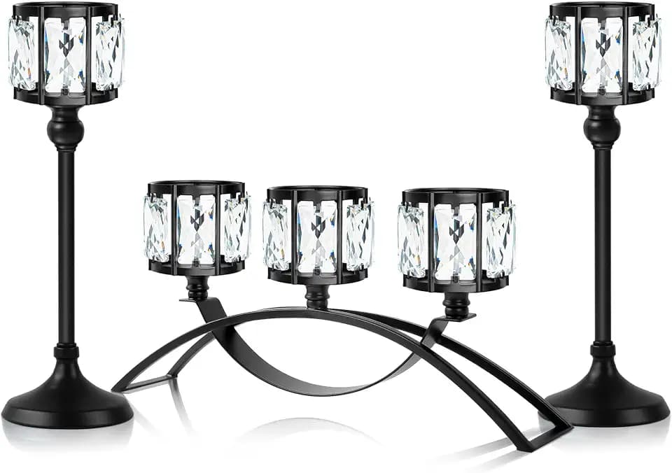 3 Arms Crystal Bowl Tealight Candelabra Votive Candle Stand, Wedding centerpieces for Tables Crystal Candlestick,Centerpiece Table Decorations (Set of Black)