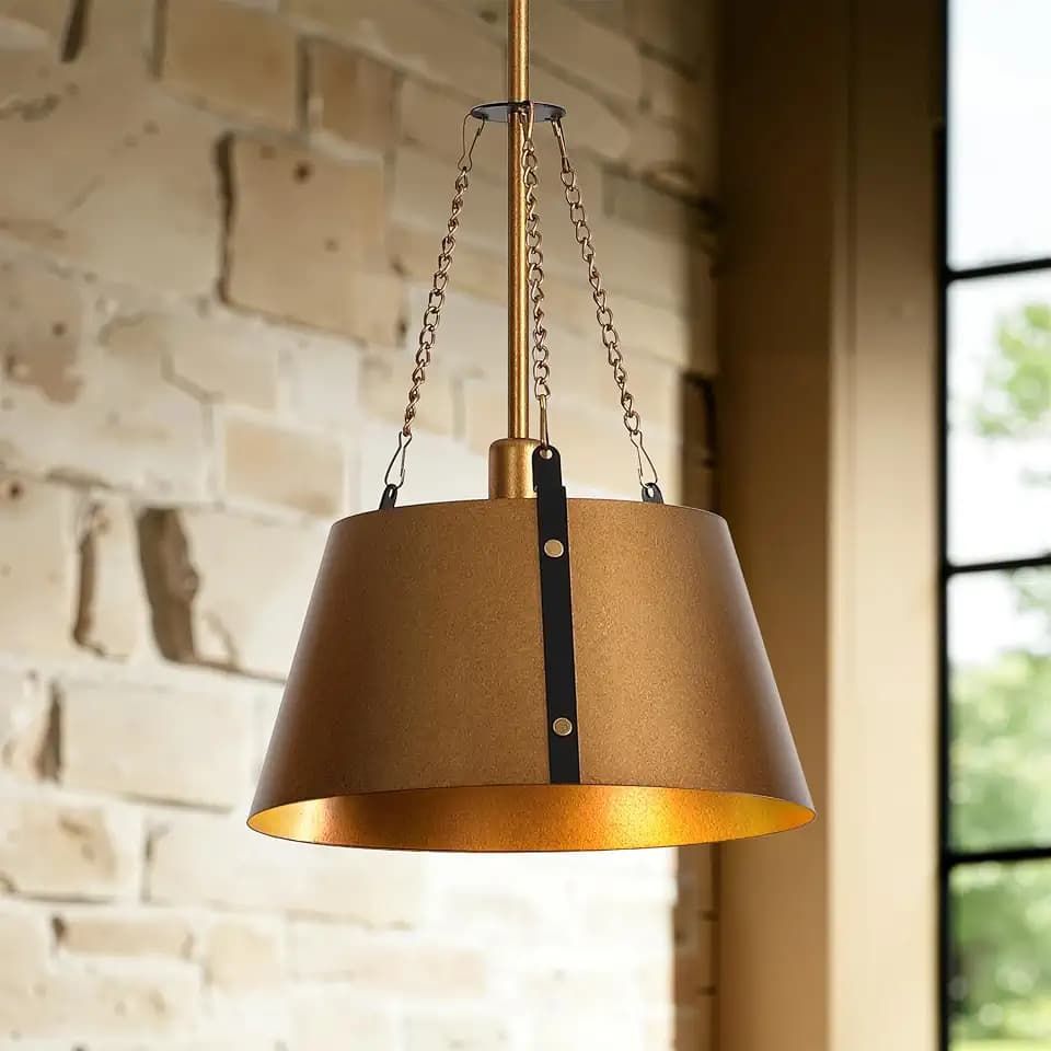 Tribesigns 12" Gold Pendant, 1-Light Industrial Pendant Lights with Adjustable Height, E12 Base Metal Drum Chandelier for Dining Room, Island Lights for Kitchen, Entryway, Living Room, Foyers
