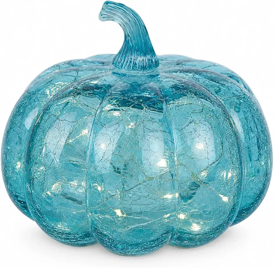 Aqua Blue Crackle Glass Pumpkin Light with Timer, 5.5 Inch