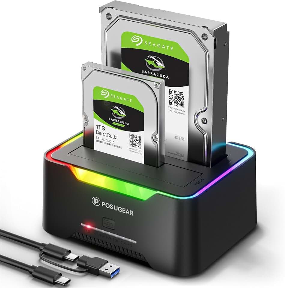 POSUGEAR Festplatten Docking Station, RGB USB 3.0 Festplattengehäuse für 2,5 und 3,5 Zoll SATA HDD/SSD, 2 x 20TB Dual Bay HDD Docking Station mit Offline Klonen Unterstützung werkzeugloser und UASP