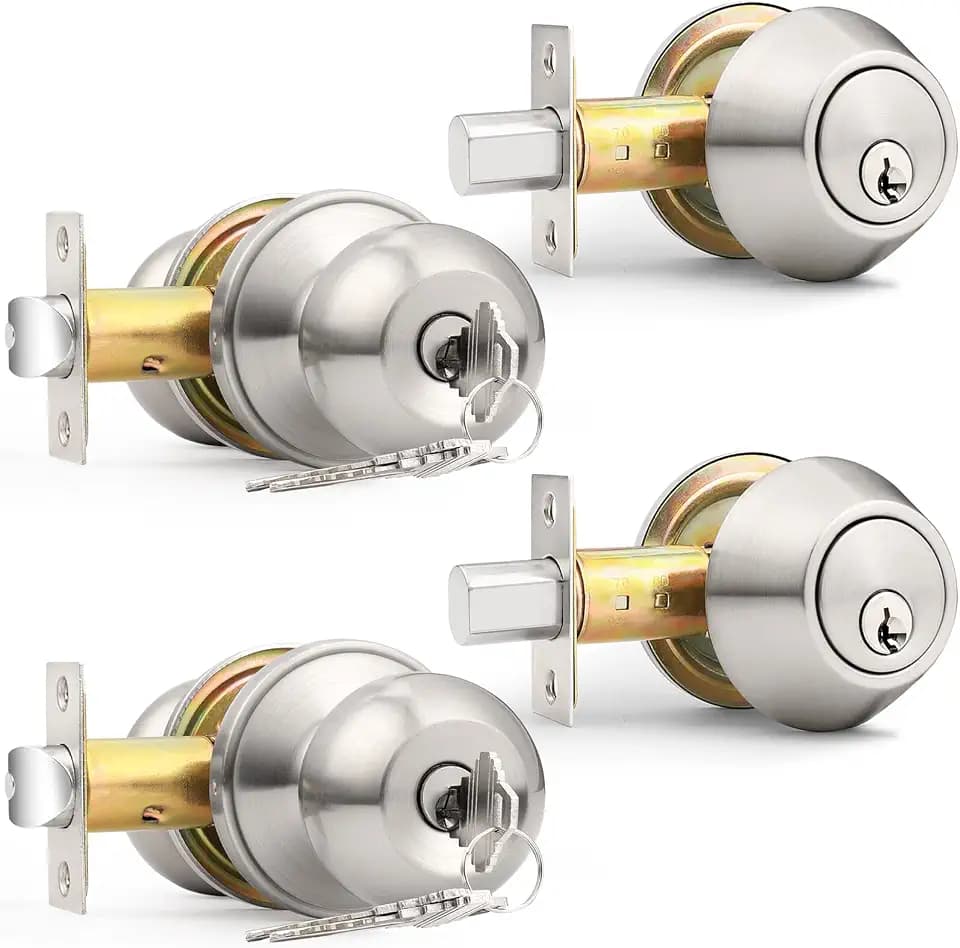 Probrico Keyed Alike Entry Knobs and Single Cylinder Deadbolt Lockset, Front Door Lock Set Exterior Door Knob with Deadbolt Combination Set, Brushed Nickel, 2 Pack