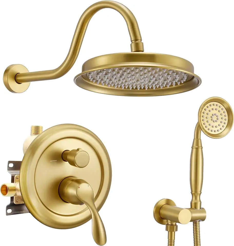 DASAN Rain Shower System Antique Shower Faucet Complete Sets, Shower Fixtures Combo with Pressure Balance Valve, Trim Kit, 9’’ Rainfall Overhead Shower & Handheld, Brushed Gold