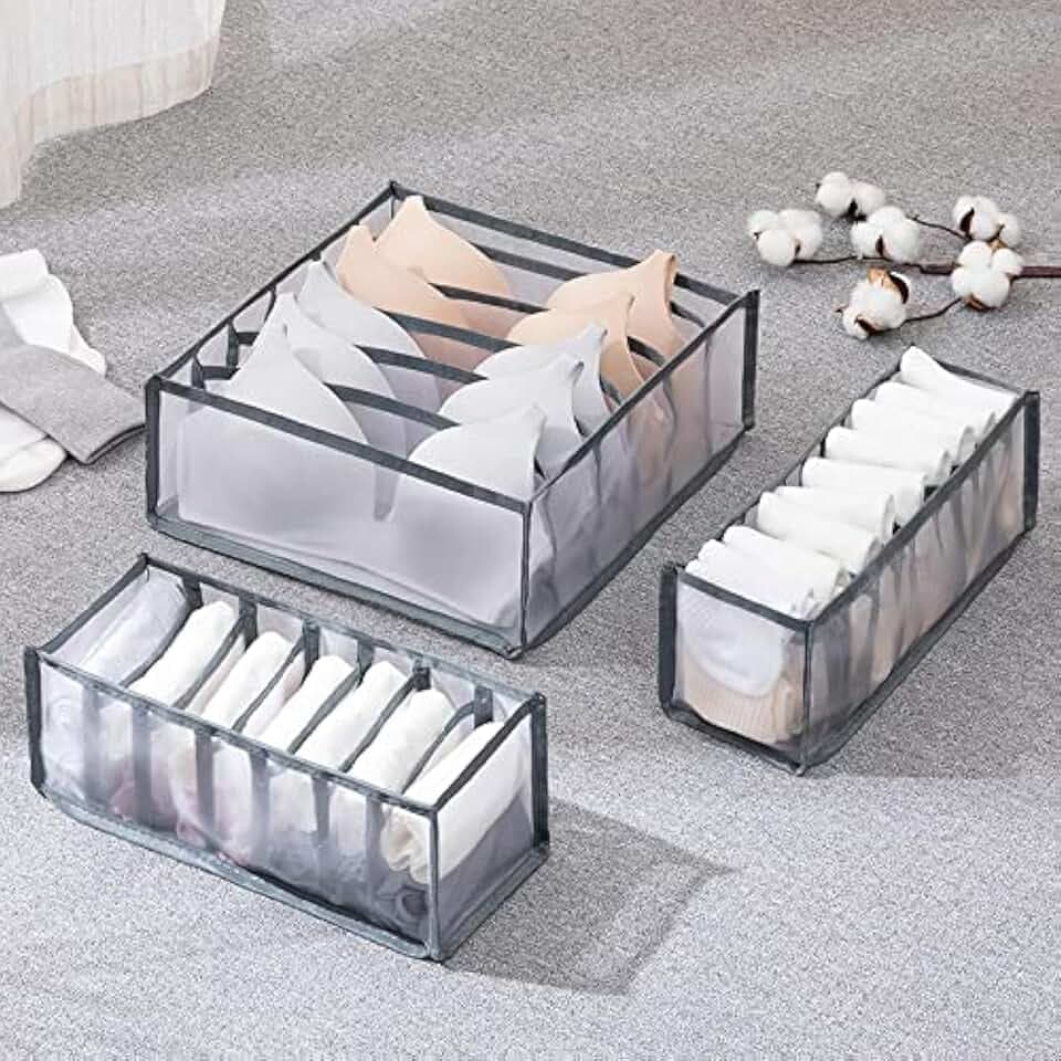 TOPARCHERY 3 Set Underwear Organizer, Foldable Bra Underwear Drawer Organizer Divider Bins for Underwear, Socks, Ties, Bras, Underwear Storage Compartment Box (Gray)