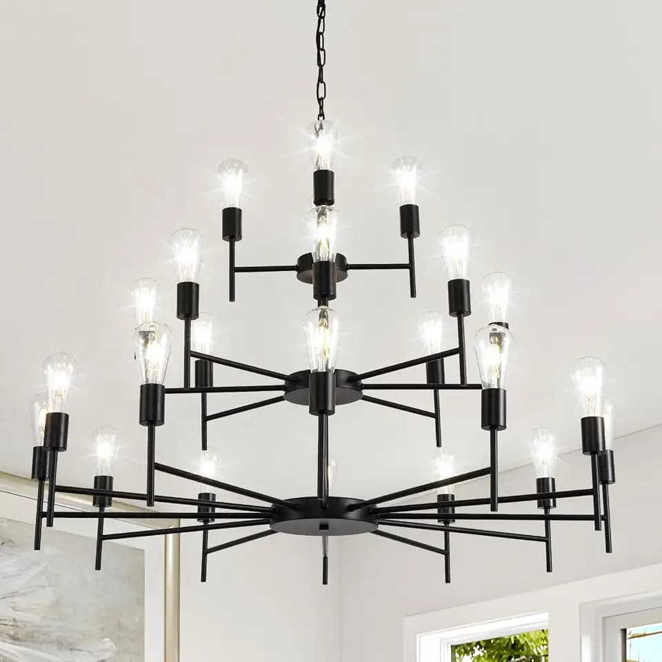 Modern Farmhouse Chandelier 24 Light Large Black Chandeliers for Dining Room Light Fixture, Round Iron Candle Chandeliers 3-Tier 42”for High Ceilings Foyer Living Room Entryway Hallway, E26