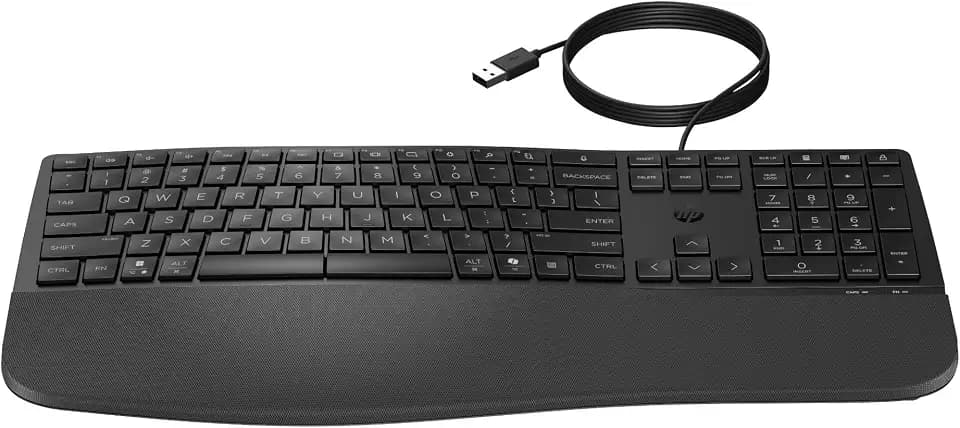 HP 480 Comfort Kabelgebundene Tastatur – Ergonomisch, weiche Handballenauflage, englisches QWERTY-Layout, leise Tasten, 23 programmierbare Tasten, Multi-OS kompatibel, USB-A, langlebig, Schwarz