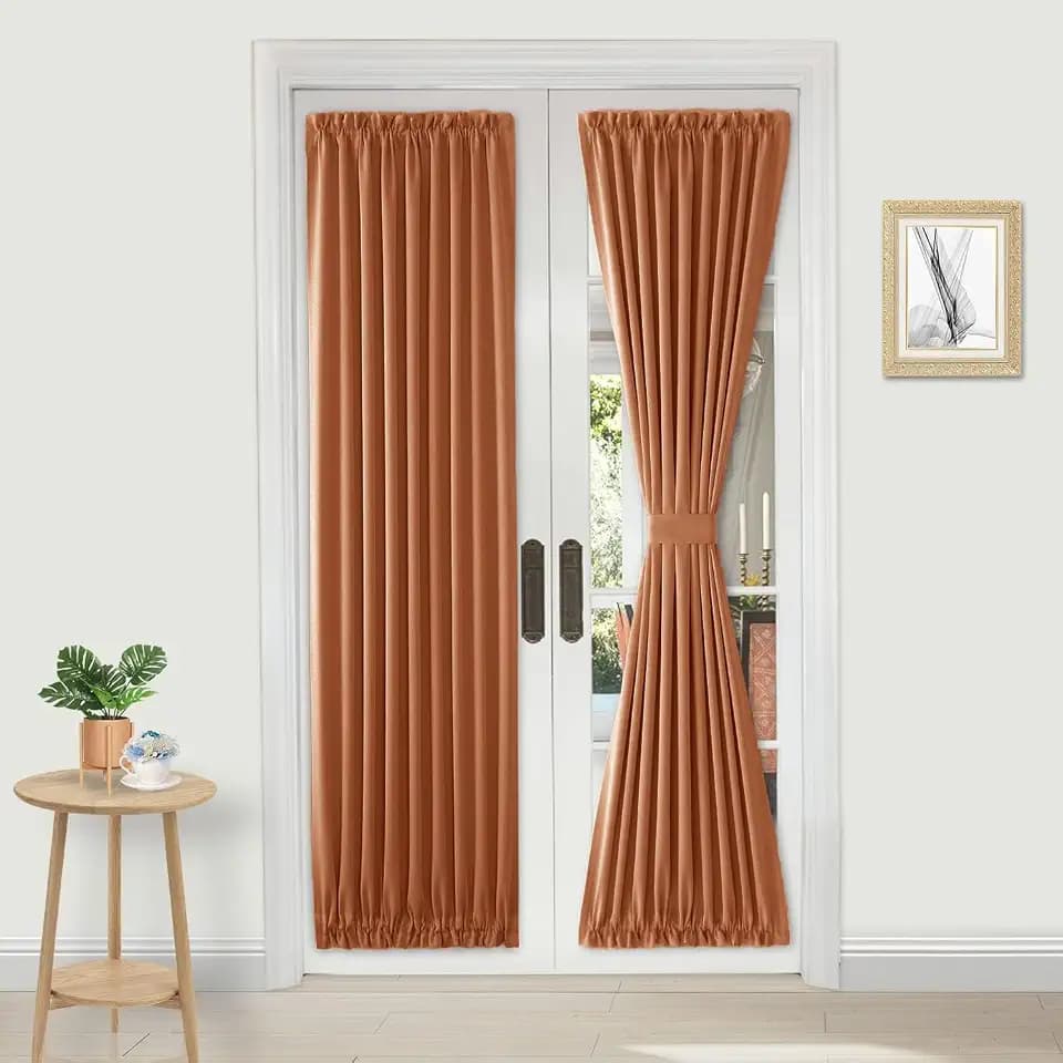 DWCN French Door Curtains – Rod Pocket Thermal Blackout Curtain for Doors with Glass Window, Kitchen and Patio Doors for Privacy, 25 X 80 Inches Long, 1 Curtain Panel with Tieback, Burnt Ochre