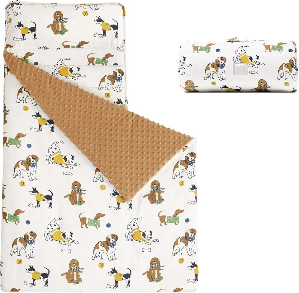 david's kids Minky Toddler Nap Mat with Pillow and Minky Fleece Blanket, 55"x23",Ultra Soft Slumber Bags for Kids, Perfect for Preschool, Daycare, Kids Sleeping Bags with Rollup Design, Dog