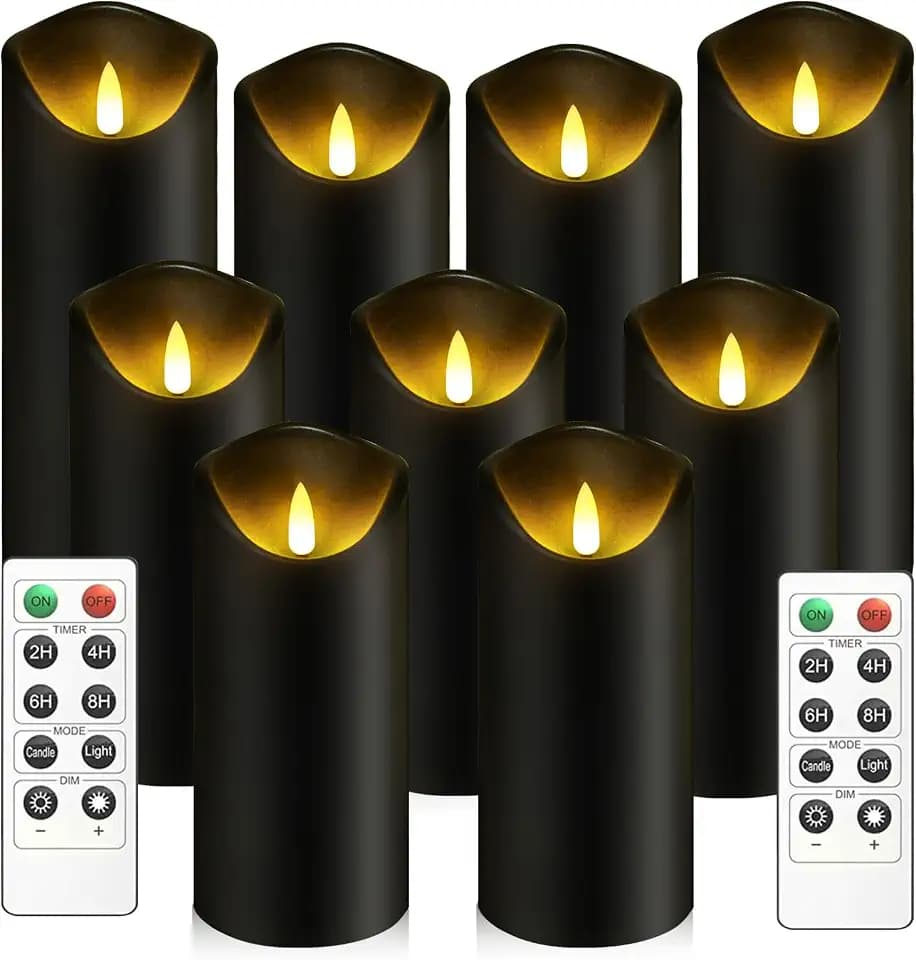kakoya Flickering Flameless Candles, Battery Operated Plastic LED Pillar Candles with Remote Control and Timer, Set of 9 (Black)