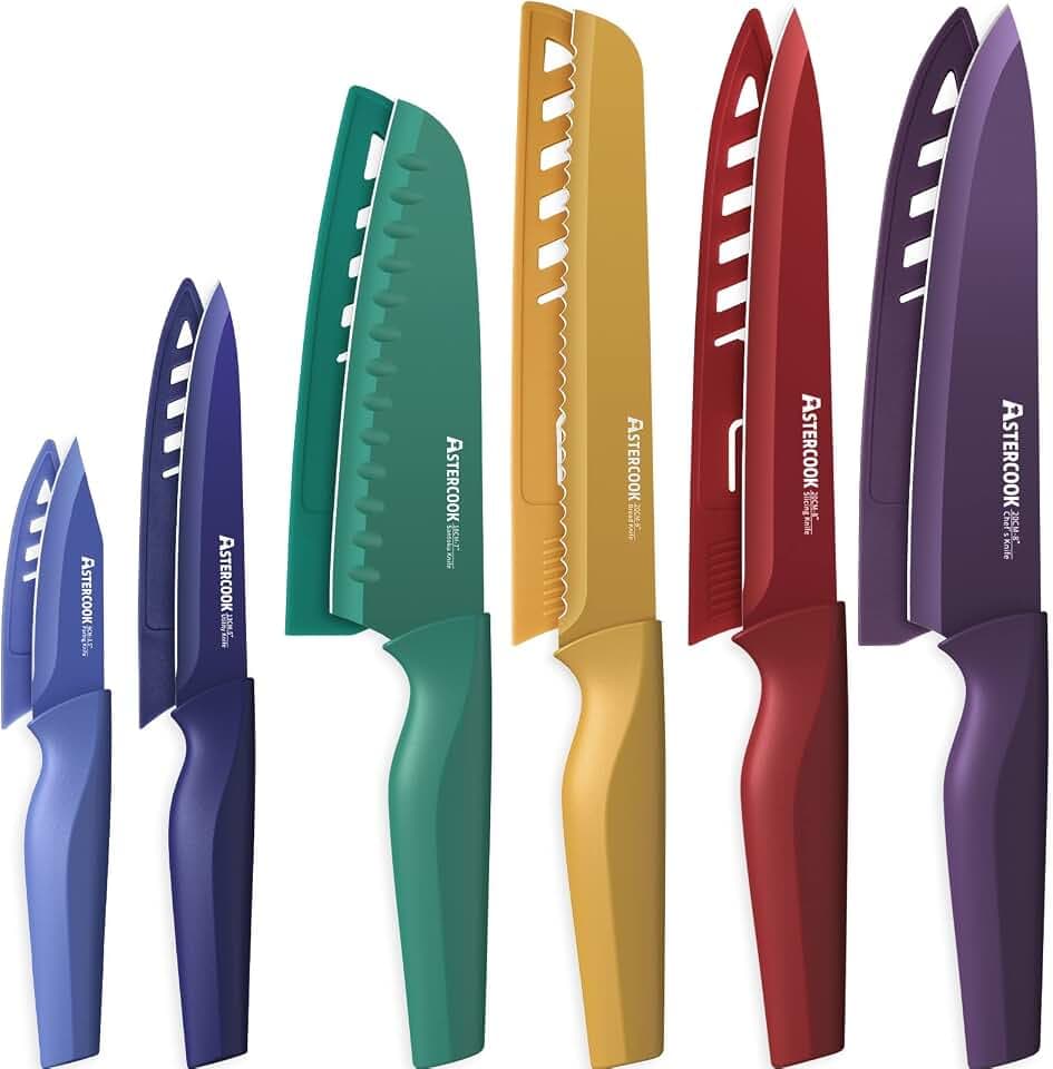 Astercook Knife Set, 12 Pcs Color-Coded Kitchen Knives Set, 6 Color Anti-Rust Coating Stainless Steel Chef Knife Sets with 6 Blade Guards Dishwasher Safe, Perfect Holiday Gifts for Kitchen