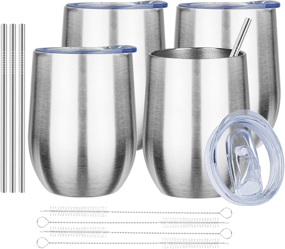MEZMUT 12oz Insulated Wine Tumbler Glass Bulk with Lid(Silver,4 Pack)