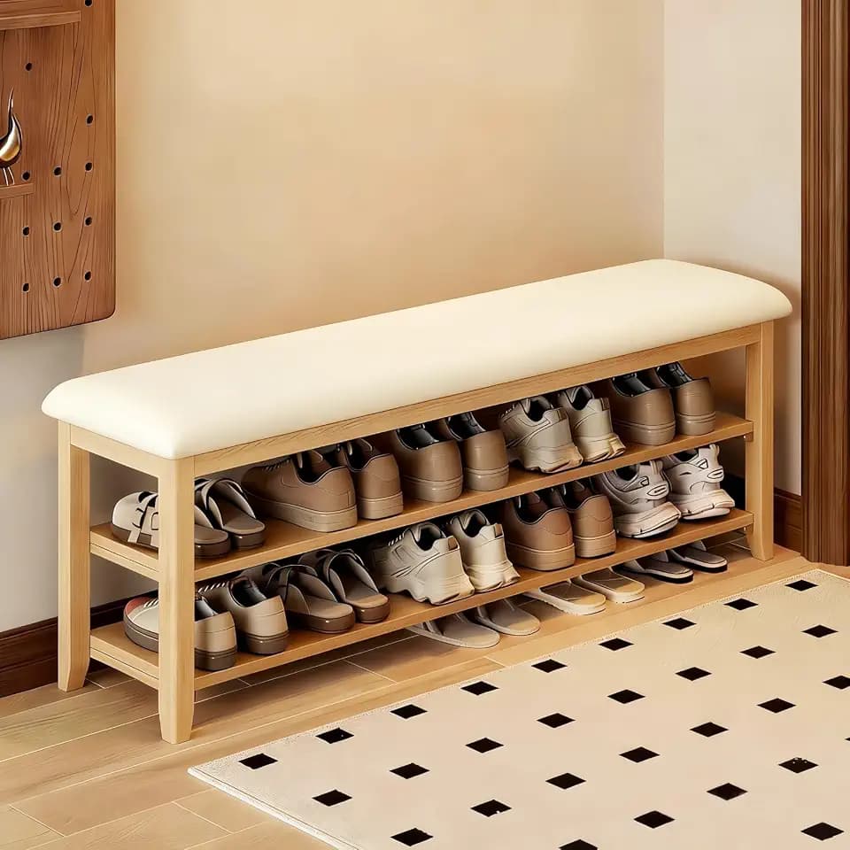 Wooden Shoe Storage Bench with Leather Cushion, Natural, 47.2"