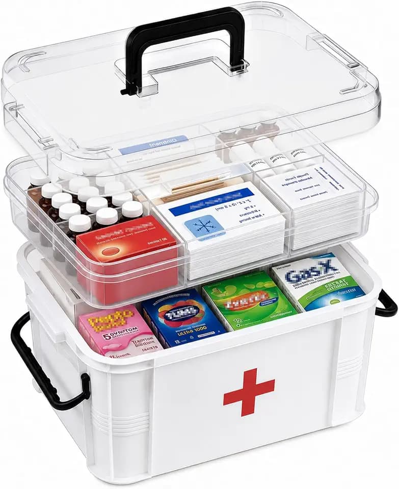 15QT Clear Medicine Organizer Box with Handle, Medicine Box for College Dorm Student, Plastic First Aid Organizer, Thickened Medical Boxes, Multipurpose Med Boxes for Home, White