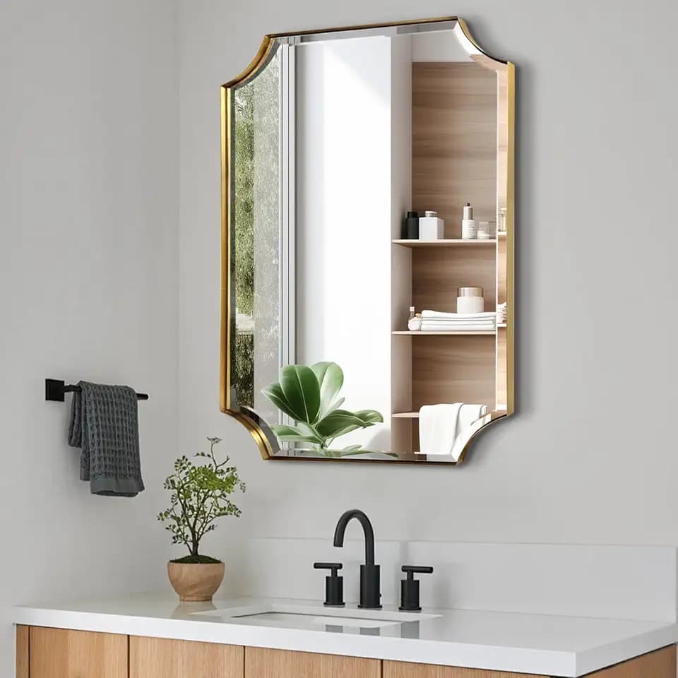 POZINO 36"x24" Premium Brushed Gold Rectangle Beveled Mirror for Bathroom