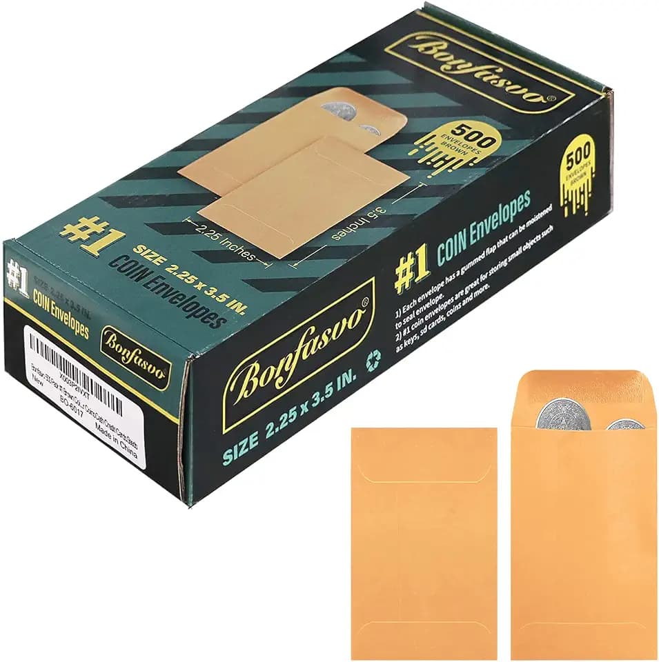Bonfasvo 500 Pack #1 Brown Coin Envelope 2.25 X 3.5 inches Kraft Envelopes Classic Small Parts Envelopes with Self Adhesive Gummed Flap for Coins Cash Credit Cards Seeds