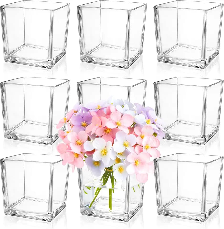 9 Pack Square Glass Vase 4" x 4" x 4", Clear Flower Vase