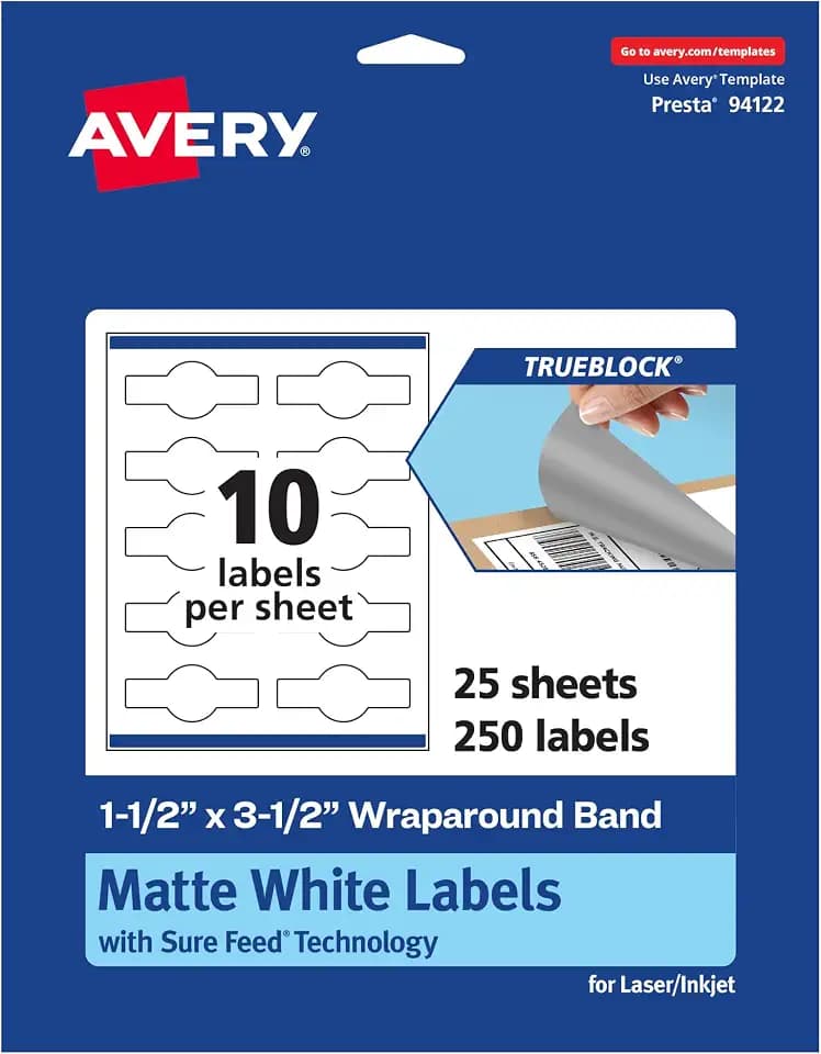 Avery TrueBlock Matte White Wraparound Band Labels, Sure Feed Technology, 1.5" x 3.5", Cigar Band Labels, 250 Total, Print-To-The-Edge, Laser/Inkjet Printable, Great for Packaging and Product Labeling