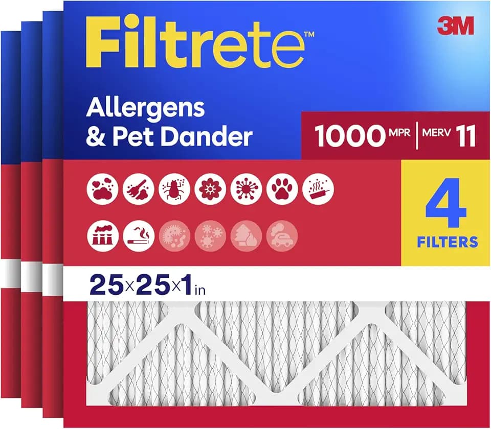 Filtrete 25x25x1 AC Furnace Air Filter, MERV 11, MPR 1000, Micro Allergen Defense, 3-Month Pleated 1-Inch Electrostatic Air Cleaning Filter, 4 Pack (Actual Size 4-Pack 24.688x24.688x0.813 in)