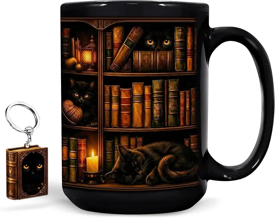 Hyturtle Black Cat Bookshelf Coffee Mug 15 Oz, Book Lover Gift for Women