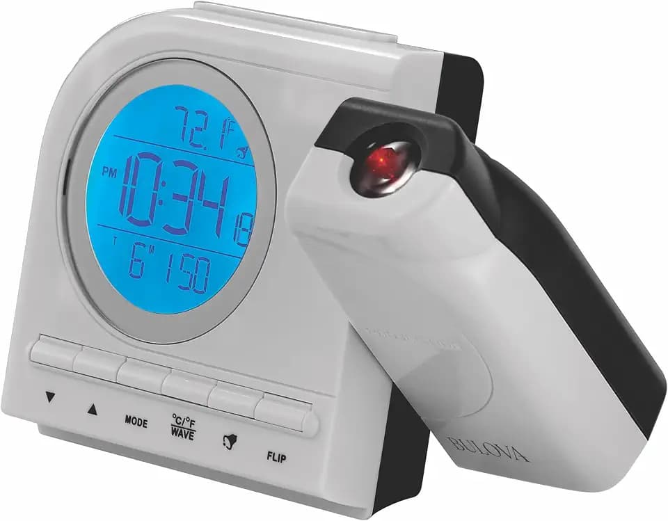 Bulova Clocks B1378 Galaxy Projection Alarm Clock – LCD Display with Time, Day, Month, Temperature, Dual Alarms, Snooze, Blue Backlight, Continuous Ceiling/Wall Projection