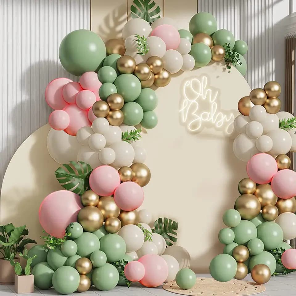 Zesliwy Sage Green Pink Balloons Garland Kit, Sand White Gold, Party Decor