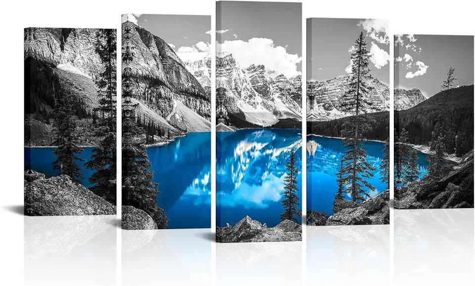 Kalormore 5 Pieces Canada Moraine Lake And Rocky Mountain Canvas Wall Art Modern Black and Blue Landscape Picture Prints Giclee Artwork For Home Decoration (L-60 xH-32)