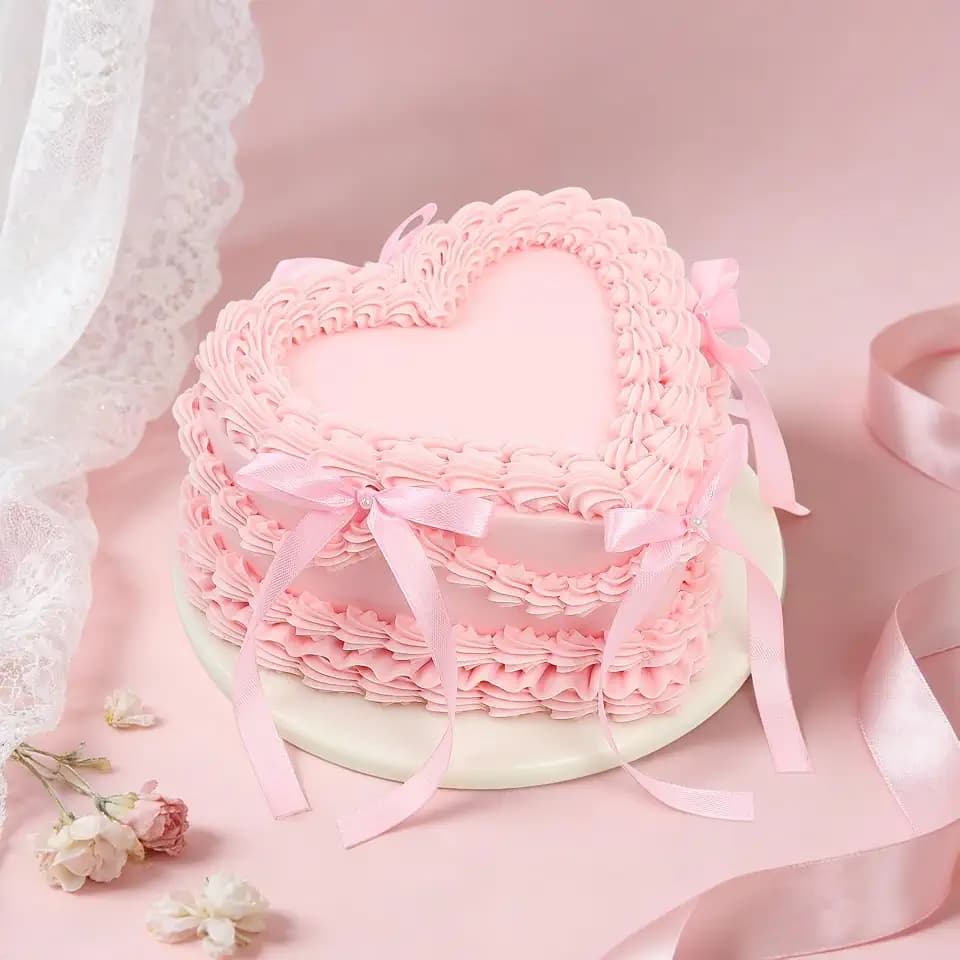 WARMALL 6 Inch Pink Bow Fake Cake - Realistic Artificial Cake for Wedding, Coquette Dessert Table Decor, Reusable Fake Cake for Photography, Anniversary, Birthday Party Decoration(Pink & Heart)