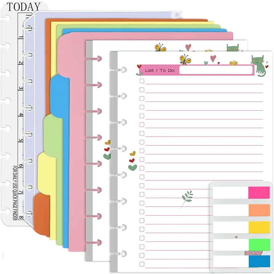 Rancco Junior To-Do List Planner Refills Set, 180 Pages 8 Rings Punched Half Letter Disc Paper Inserts w/Index Tabs, Index Dividers, Loose-Leaf Bag, Ruler For Circa, Arc, TUL, Happy Planner, 5.5x8.5"