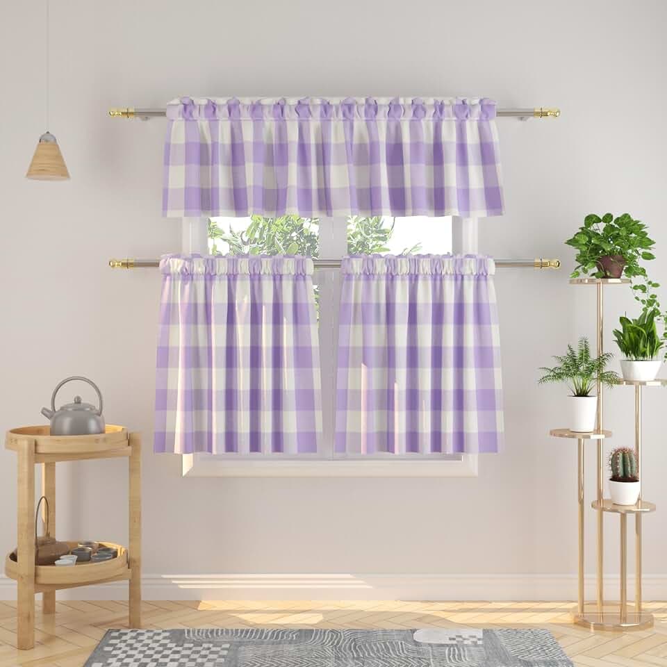 3 Pieces Tier Curtains and Valance Set Buffalo Check Kitchen Tiers Plaid Gingham Rod Pocket Classic Short Small Cafe Curtains Country Farmhouse Cafe Bathroom 54"x18"/27"x36" Lilac & White