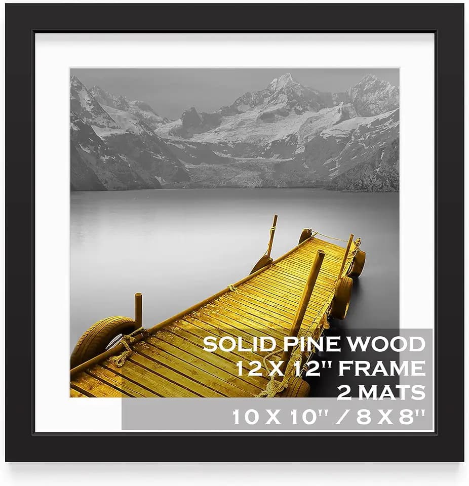 Tiblue 12x12 Picture Frames Black Solid Wood Display Pictures 10x10 or 8x8 with Mat or 12x12 without Mat - 12x12 Inch Square Photo Frames with 2 Mats for Wall or Tabletop Mount, 1 Pack
