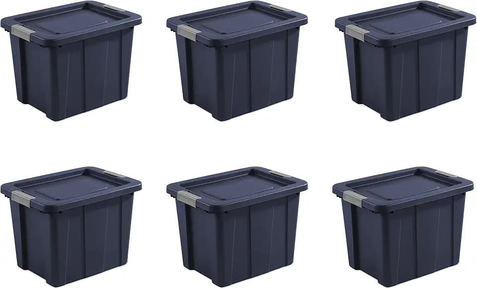 Sterilite 18 Gallon Latching Tuff1 Tote, Rugged Storage, Dark Blue, 6 Count