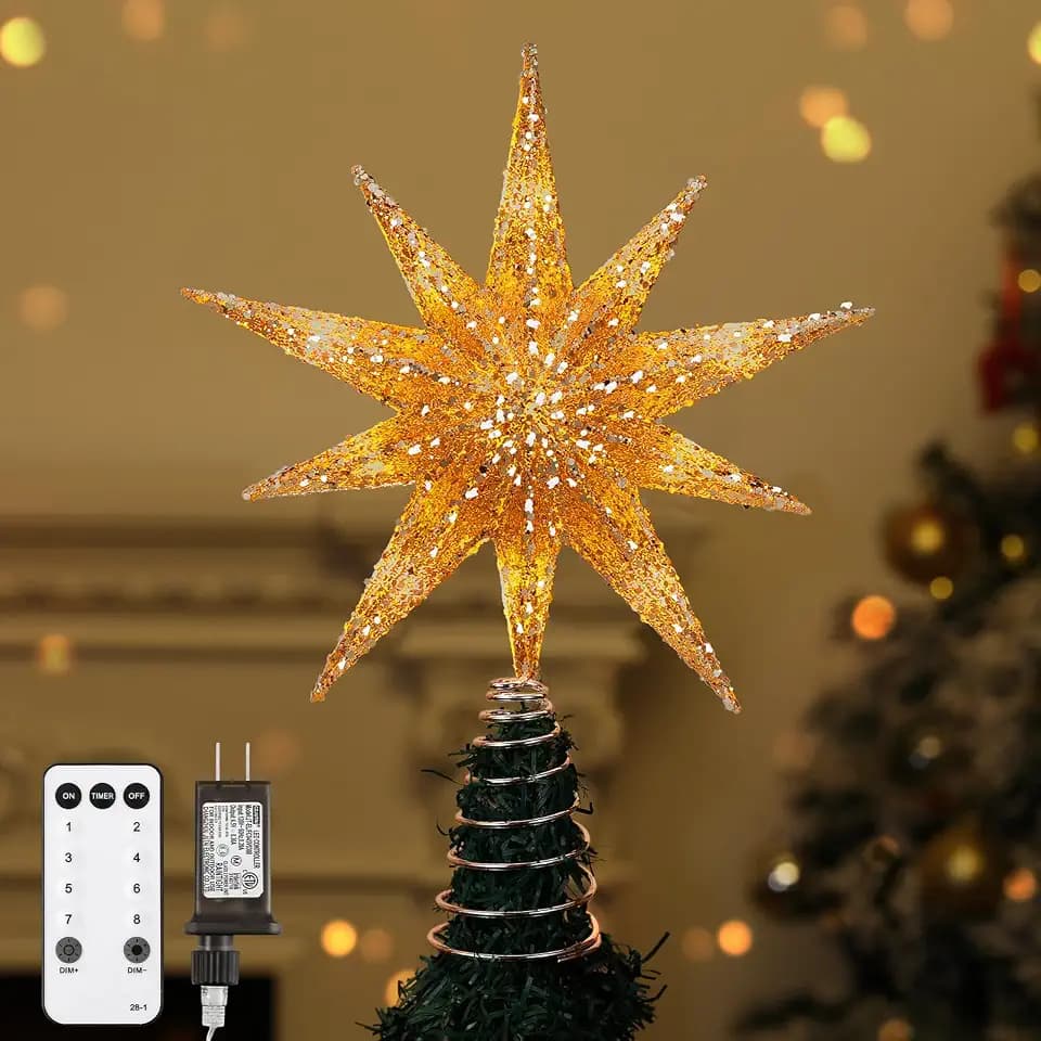 Lewondr Christmas Tree Topper Star, 13 Inch 10-Pointed Light Up Xmas Star Treetop with Plug and Remote Control for Home Christmas Decoration, 6H Timer & 8 Lighting Modes, Warm Light, Gold