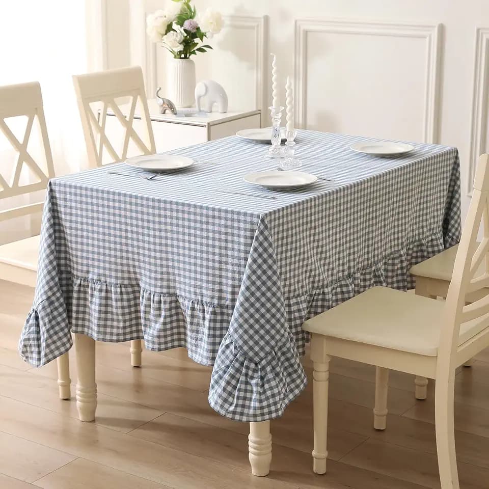 Dust Blue White Gingham Ruffled Tablecloth Rectangular 70"x52"