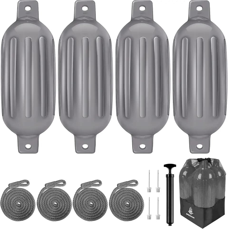 Dreizack Boat Fenders 4 Pack, Boat Bumpers for Docking with 4 Ropes, Inflatable Ribbed Marine Pontoon Boat Fender Bumper for Docks with 1 Storage Bag, 1 Air Pump and 4 Needles